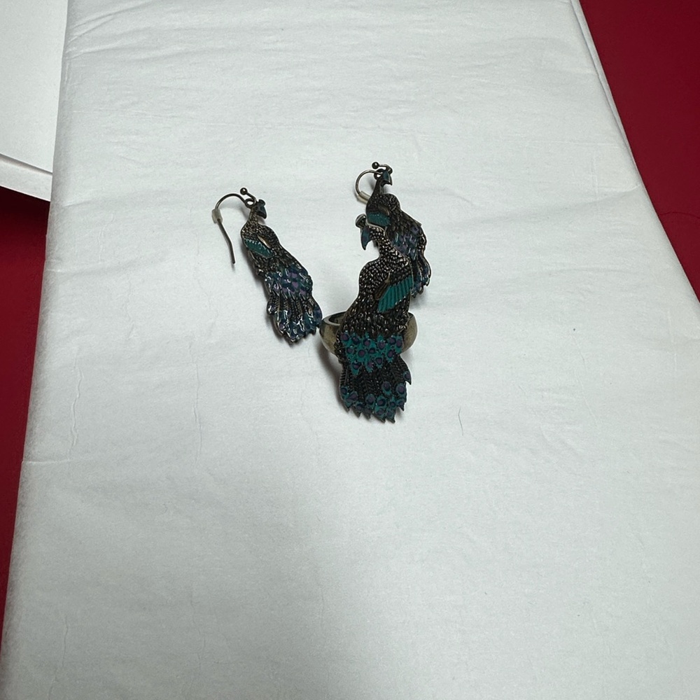 Peacock Design Jewelry Set with Blue and Silver Accents (Ring size 7 and earings